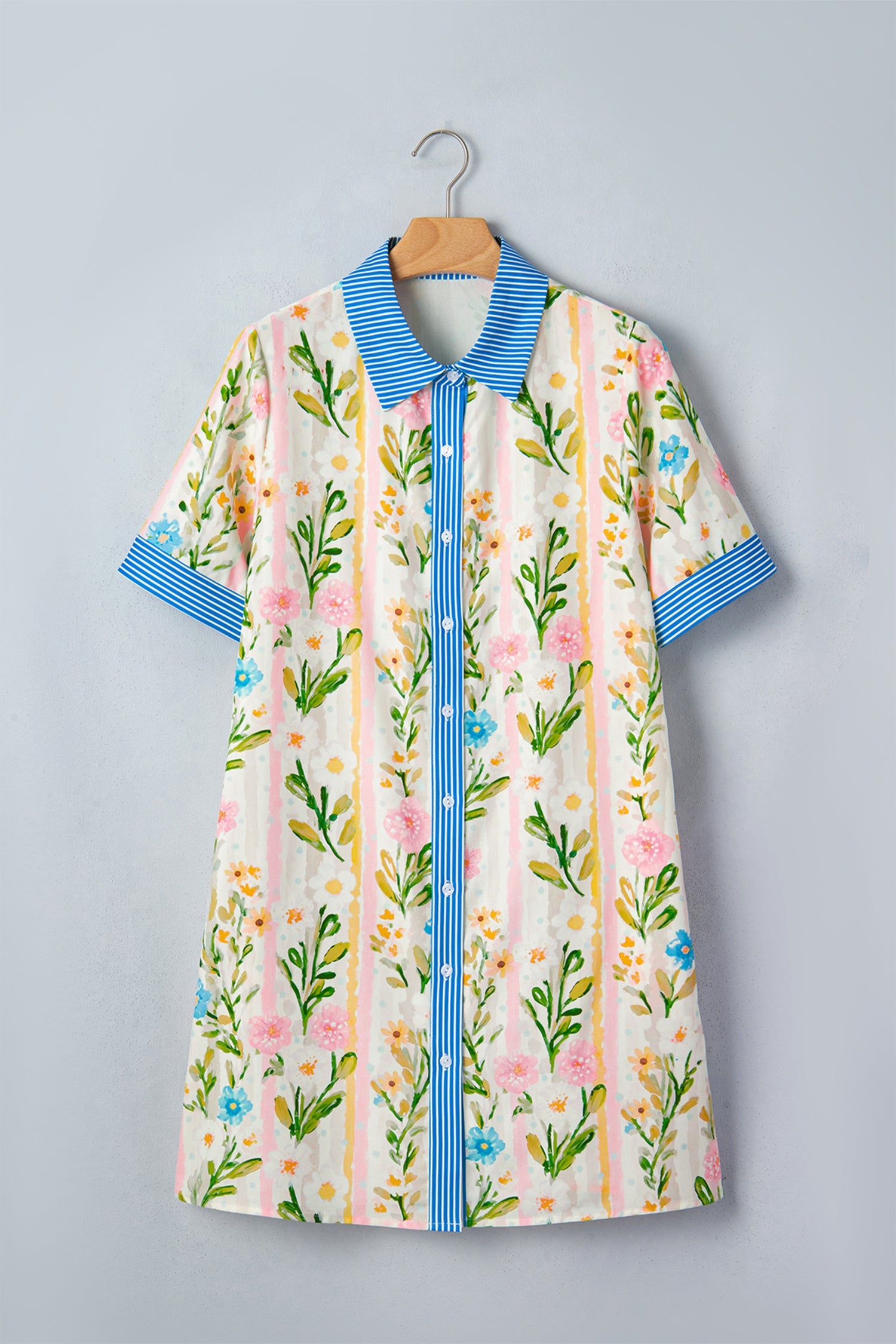 Floral Stripe Trim Button Down Dress