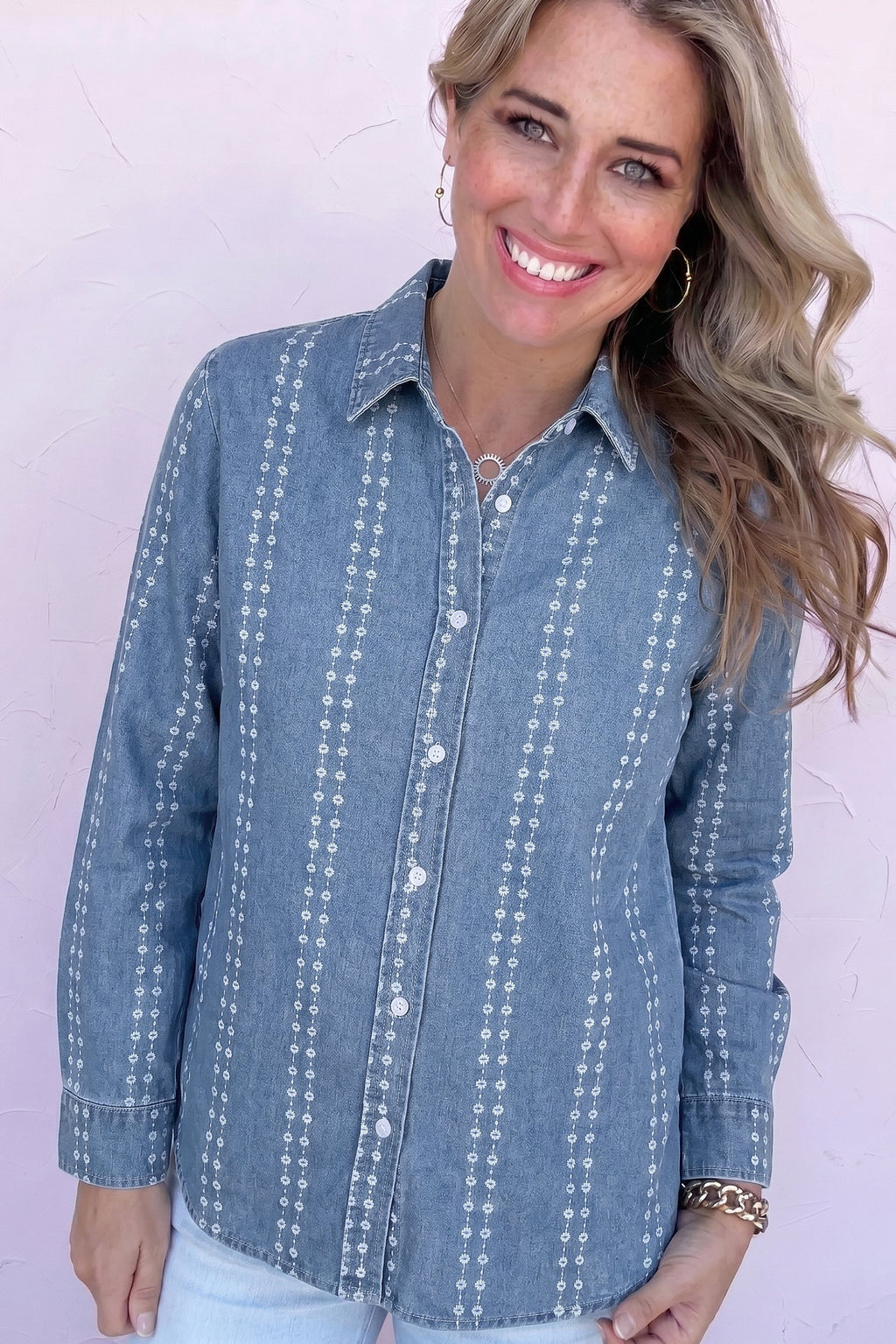 Floral Stripe Denim Buttoned Long Sleeve Shirt