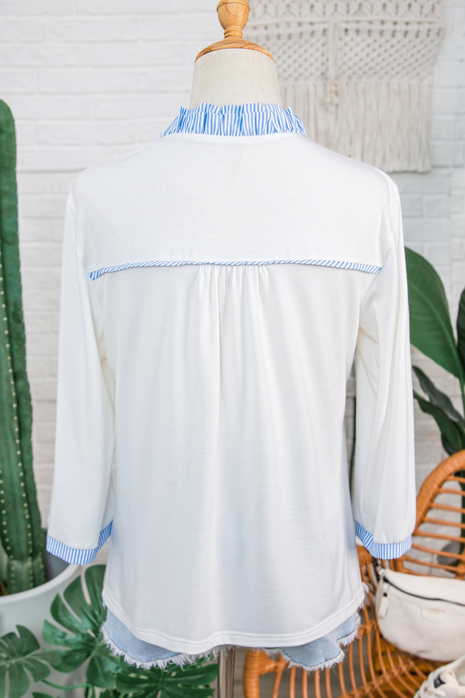 Stripe Patchwork Frilled V-Neck 3/4 Sleeve Blouse