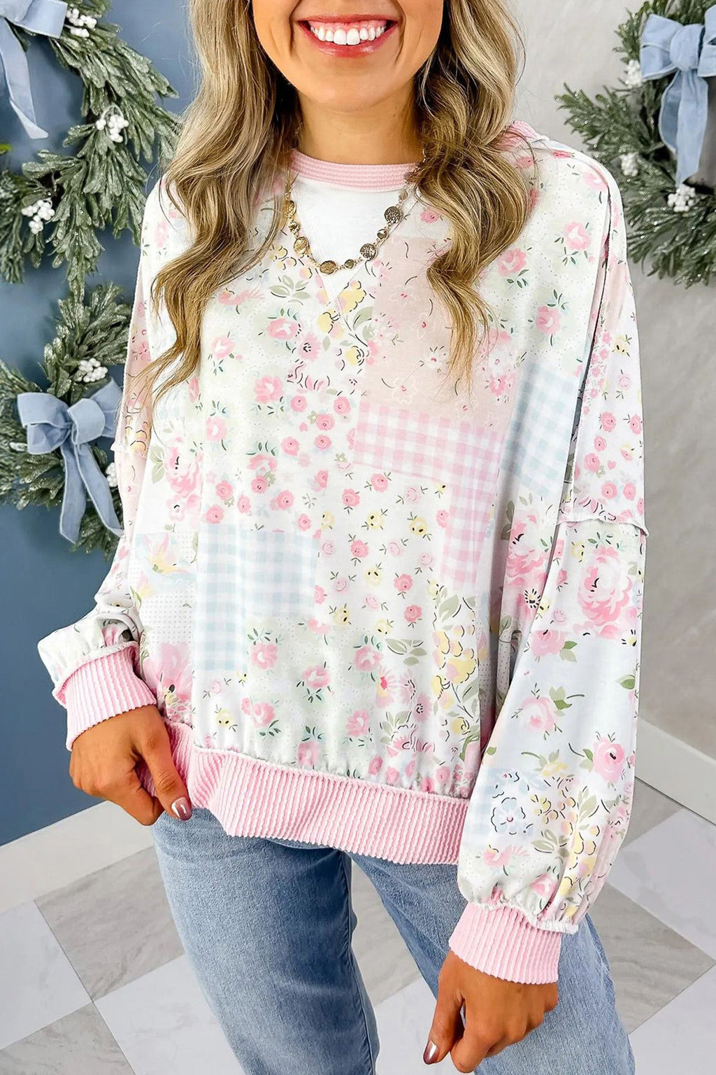 Floral Patchwork Corded Knit Long Sleeve Top