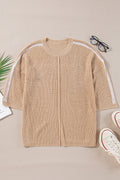 Contrast Stripe 3/4 Sleeve Crew Neck Sweater