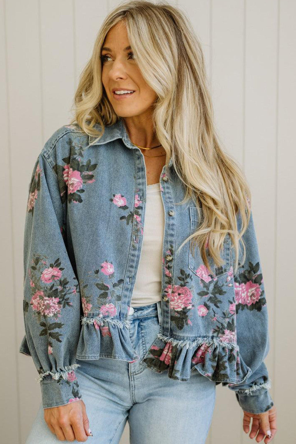 Floral Denim Raw Seam Ruffle Hem Jacket
