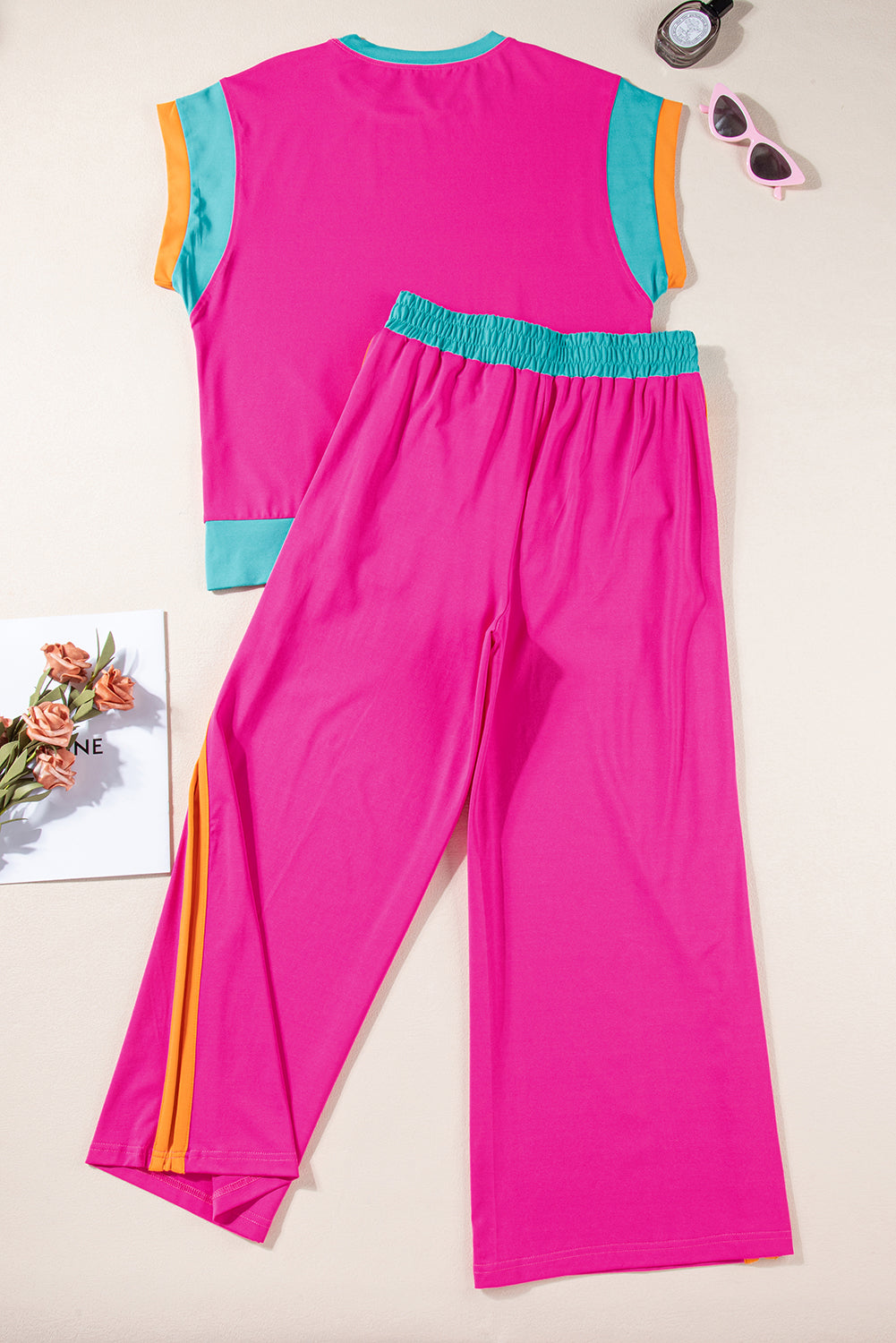 Colorblock Short Sleeve Top & Wide Leg Pants Set