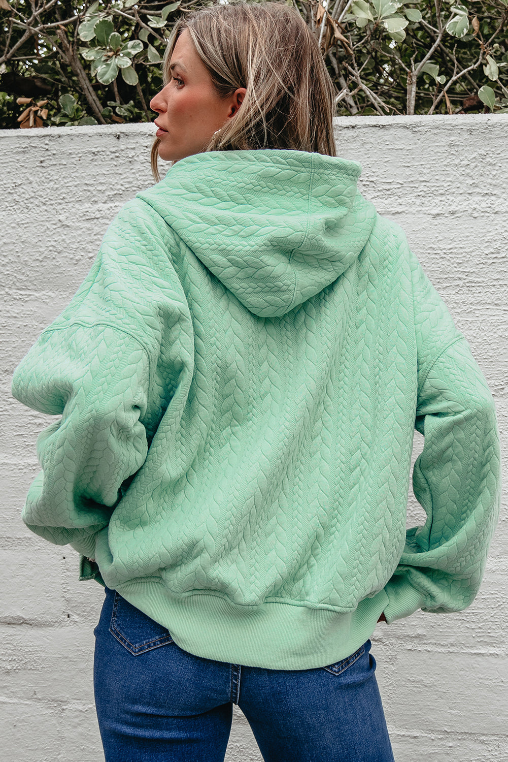 Solid Cable Textured Long Sleeve Baggy Hoodie