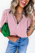 Stripe Leopard Contrast Trim Collared Blouse