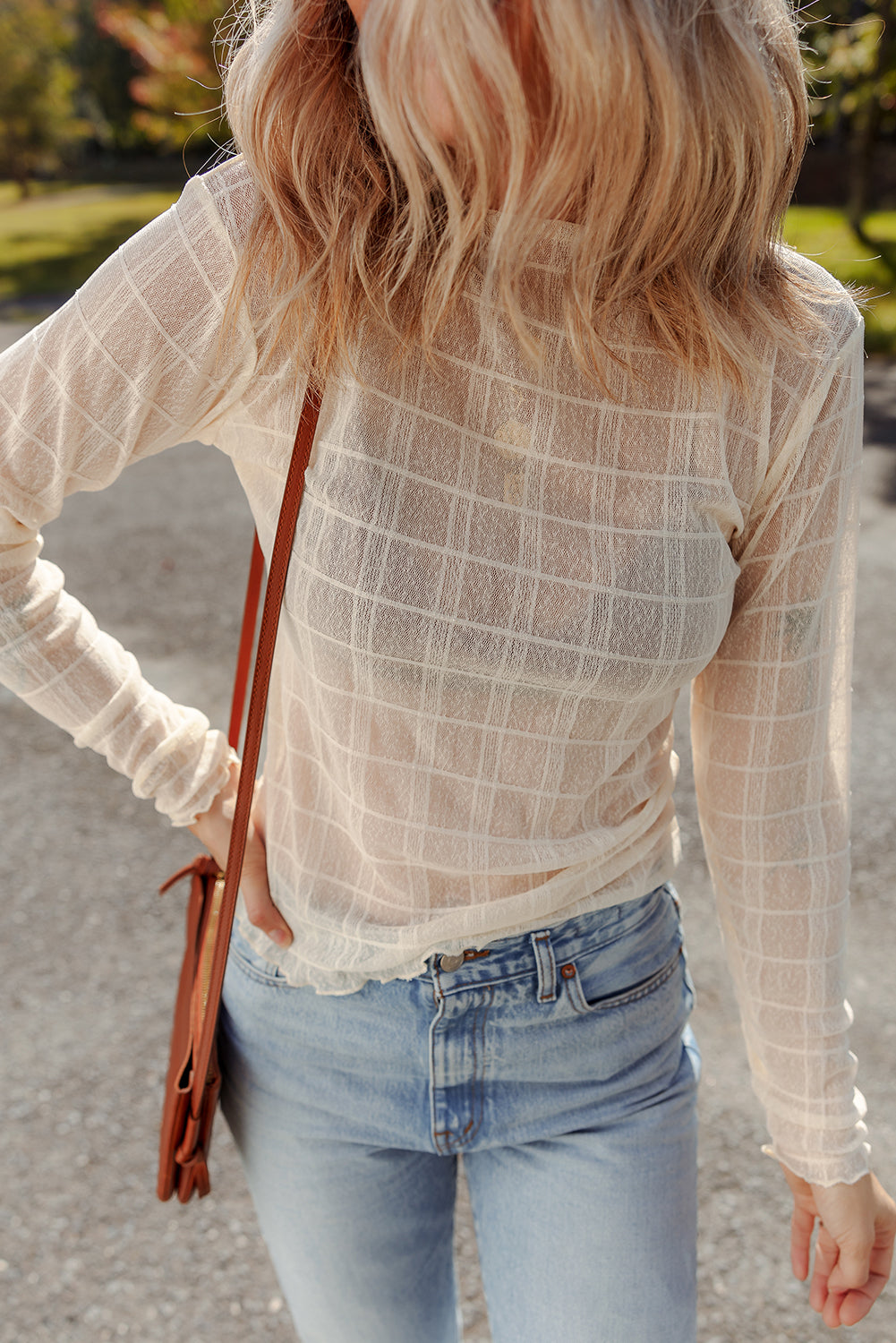 Sheer Plaid Mesh Lettuce Trim Long Sleeve Top