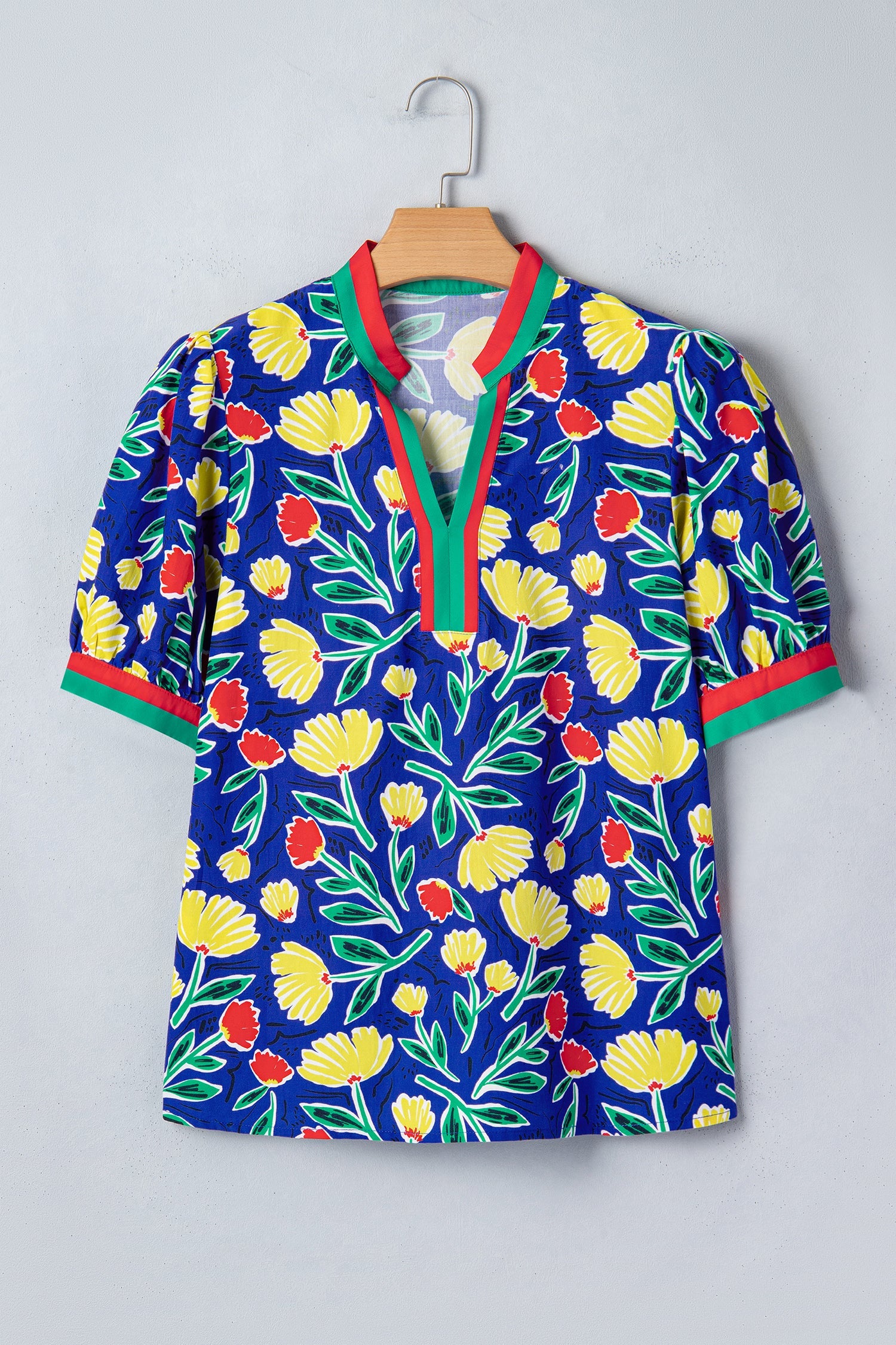Floral Stripe Patchwork V-Neck Short Sleeve Blouse
