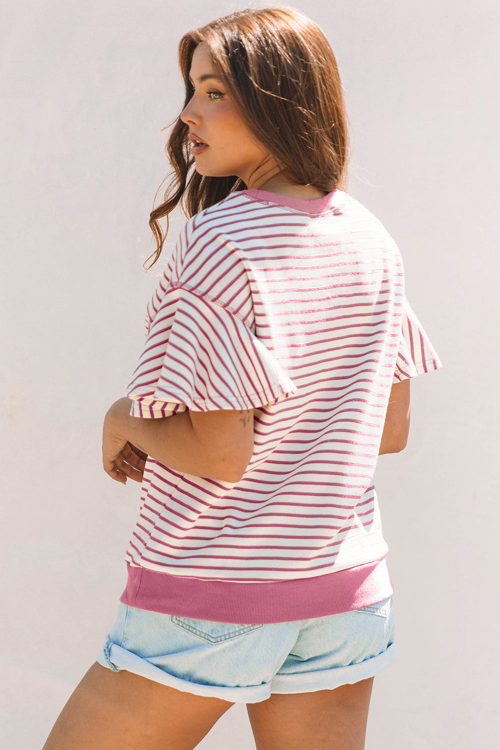 Stripe Contrast Detail Ruffle Short Sleeve Top
