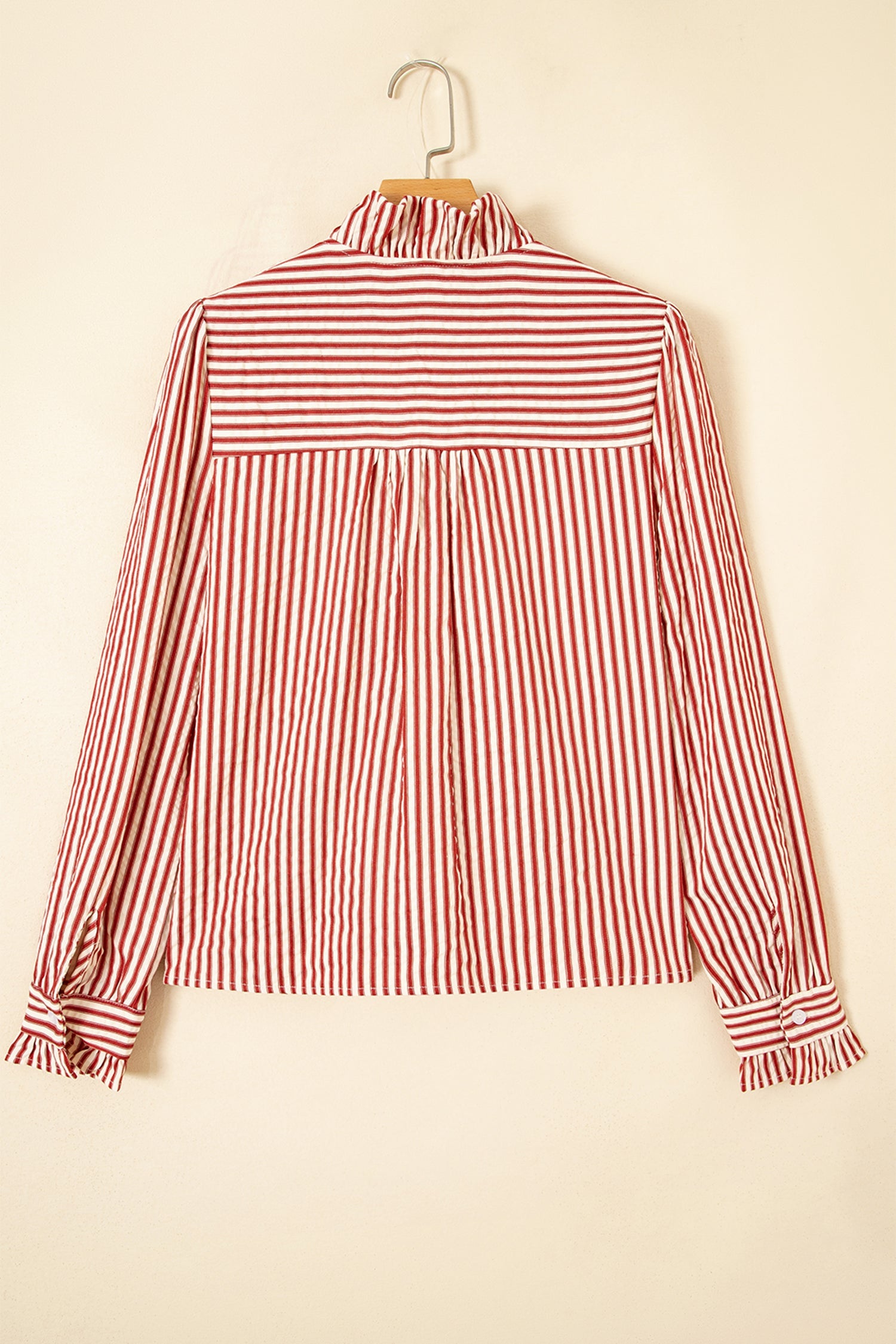 Stripe Textured Ruffle Trim Button-Up Long Sleeve Shirt