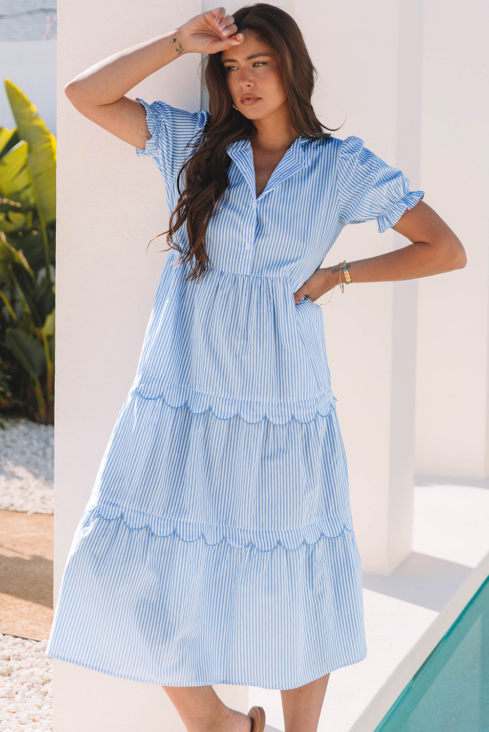 Stripe Bubble Short Sleeve Tiered Scallop Dress