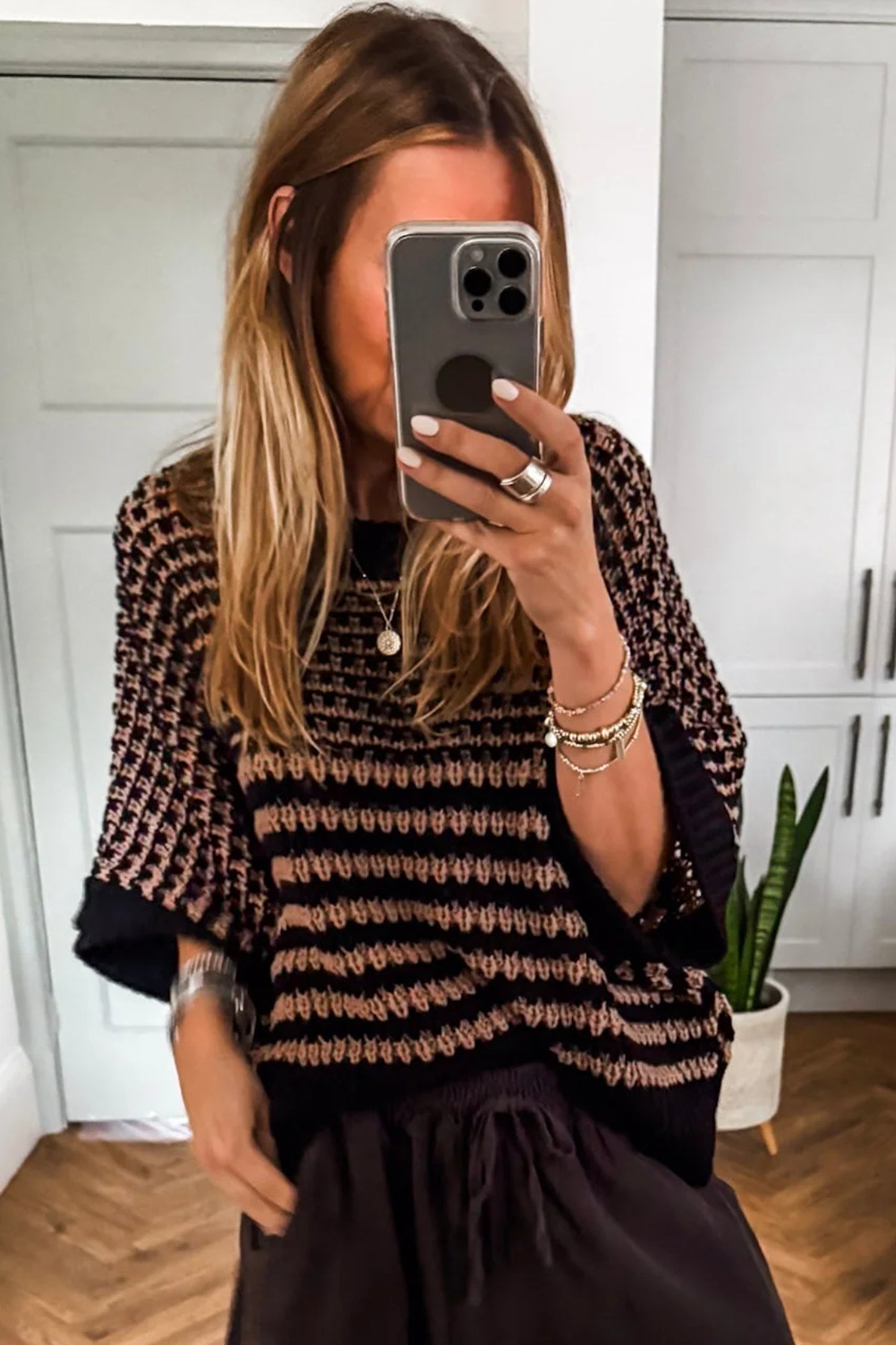 Stripe Draped 3/4 Sleeve Slouchy Sweater