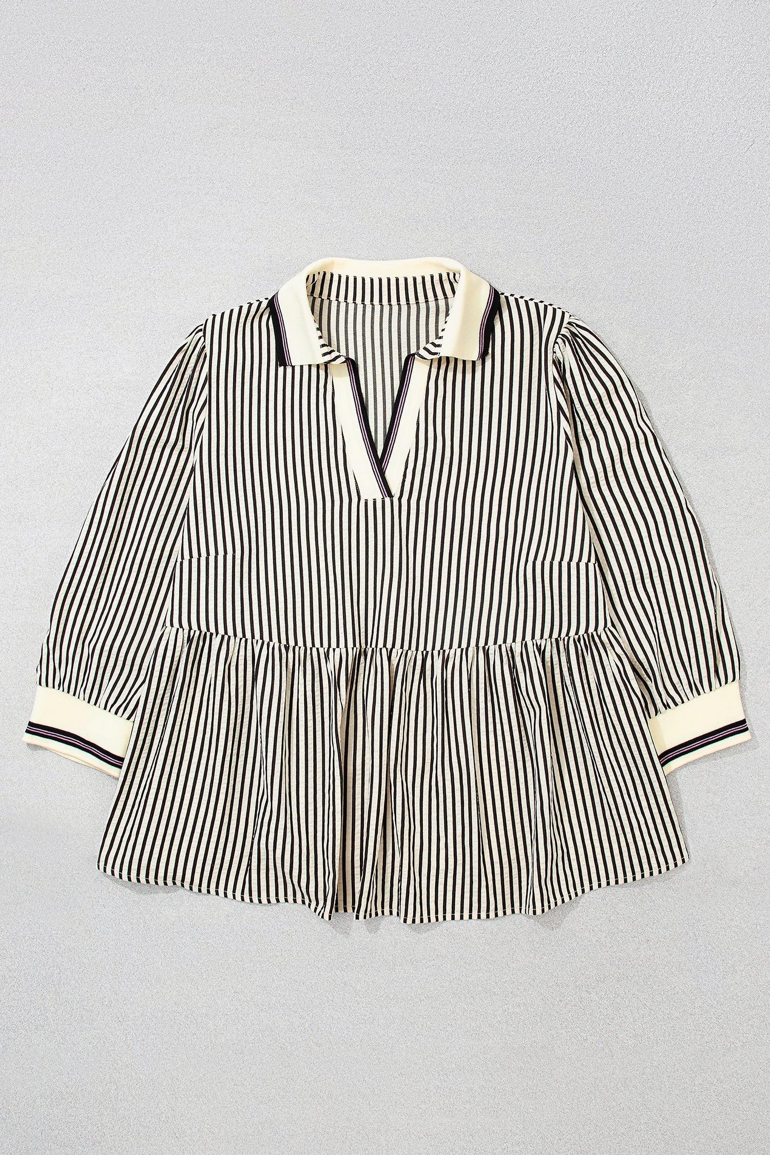 Plus Size Stripe Patchwork Collared V-Neck Peplum Blouse