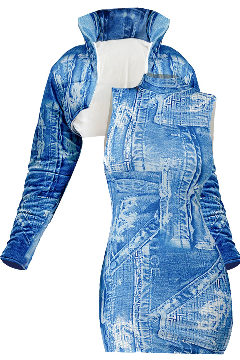 NC2049A Denim Print Mini Dress Set: BLUE / S-M-L (2-2-2)
