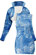 NC2049A Denim Print Mini Dress Set: BLUE / S-M-L (2-2-2)