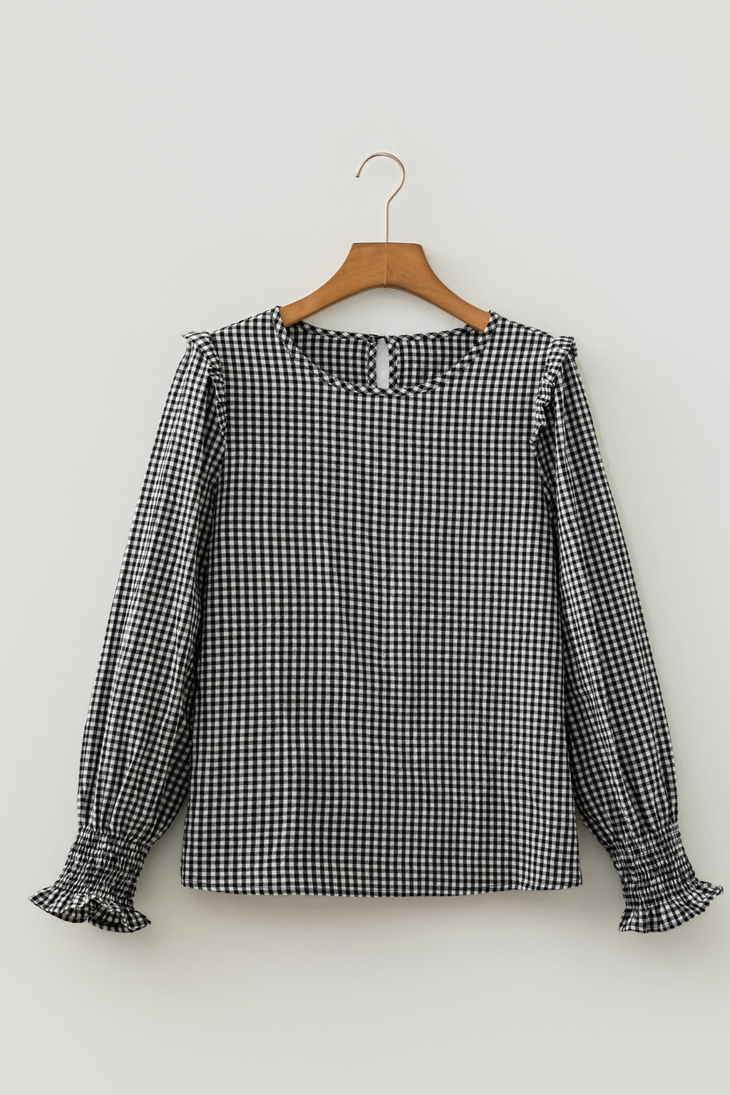 Gingham Shirred Cuff Long Sleeve Round Neck Blouse