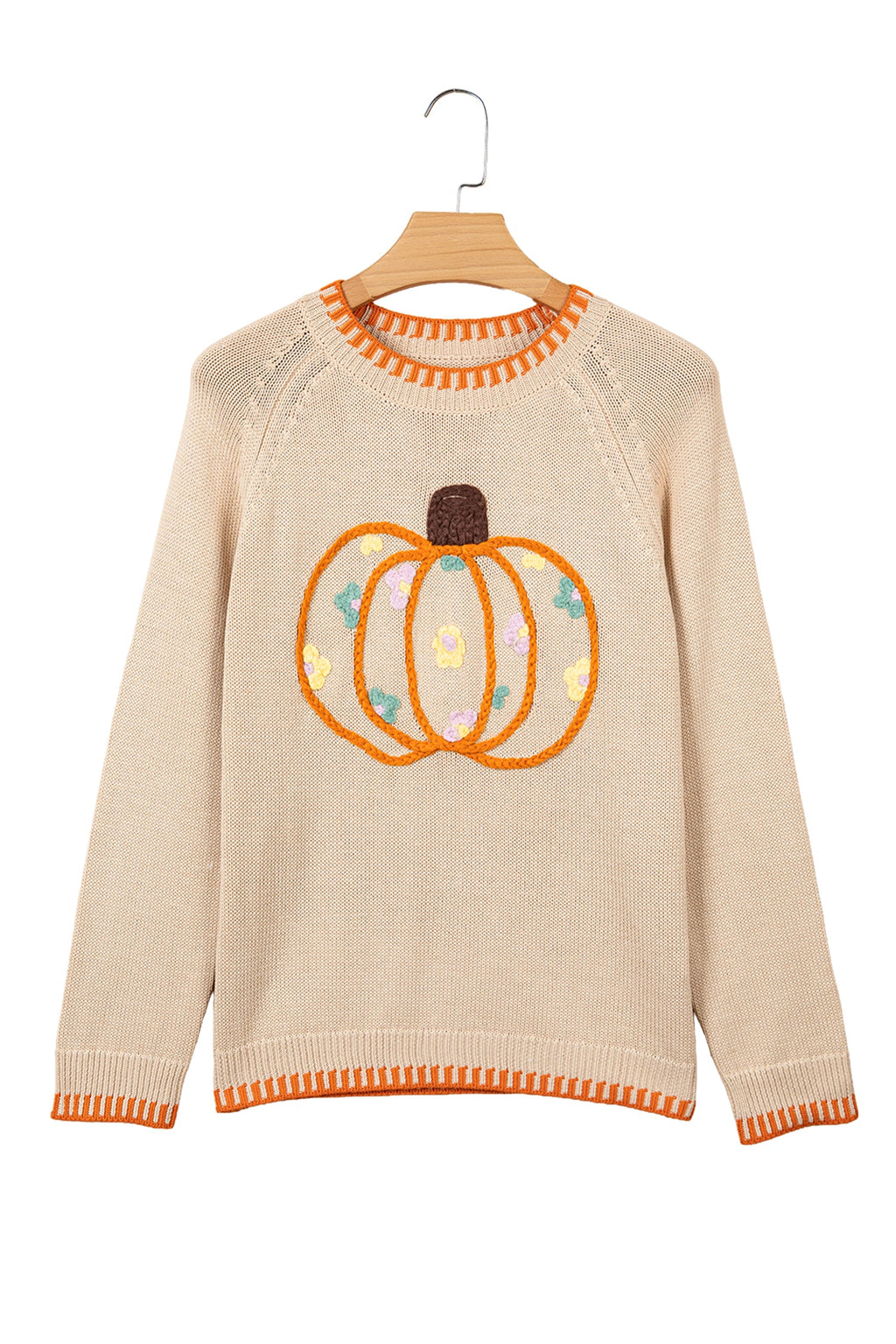 Pumpkin Floral Embroidered Round Neck Sweater