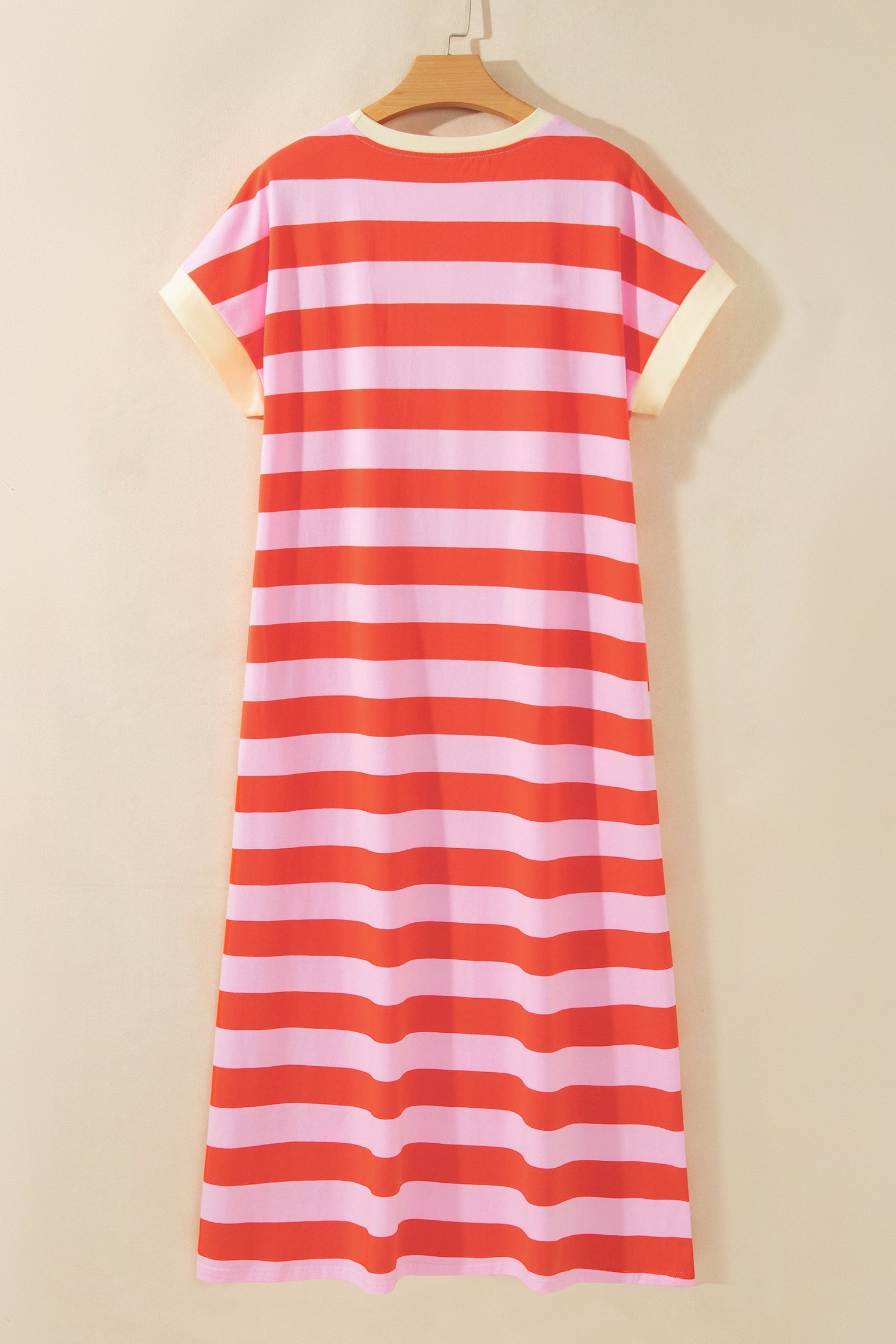 Stripe Cuffed Short Sleeve T-Shirt Long Dress w/ Pockets