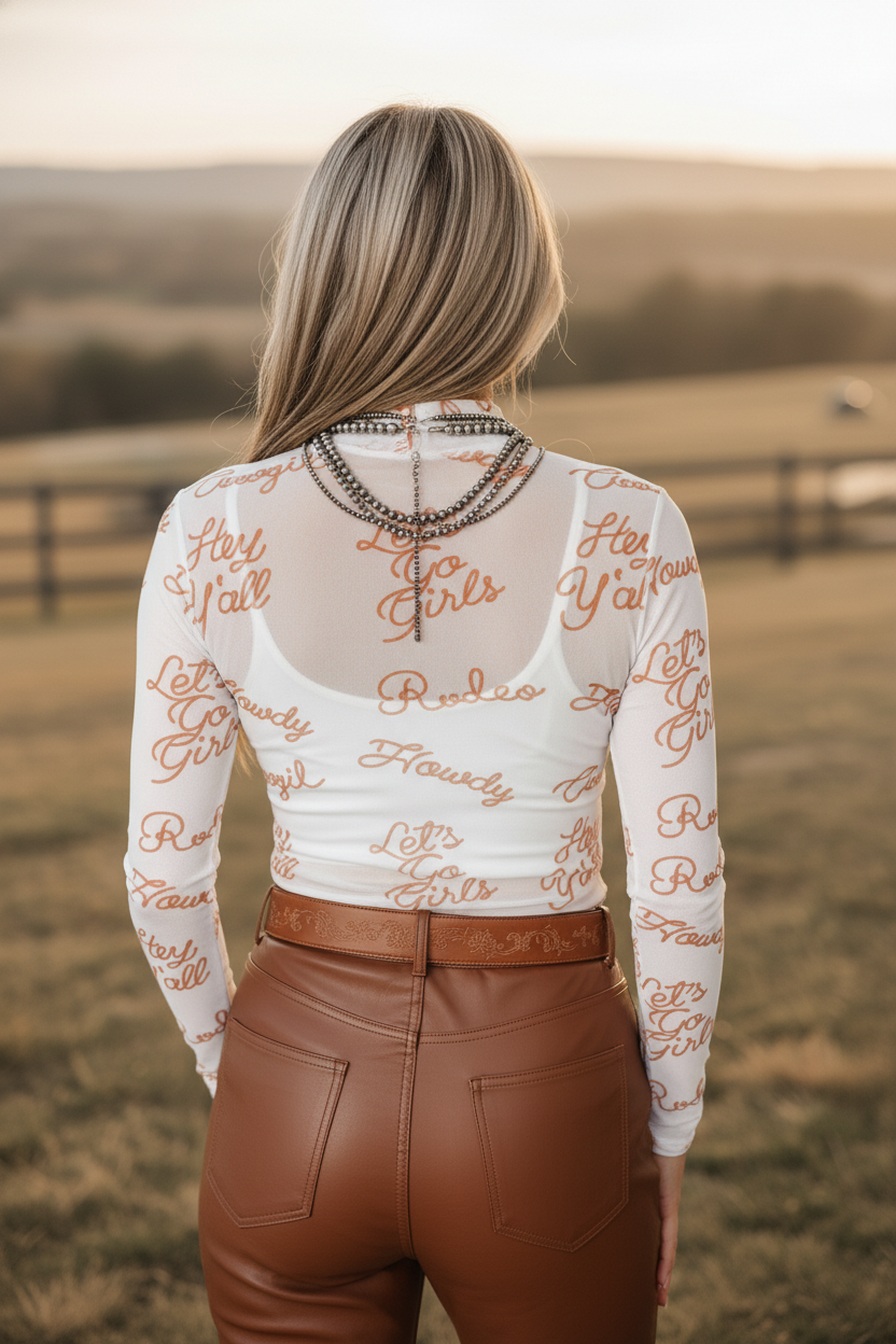Western Mesh High Neck Long Sleeve Top