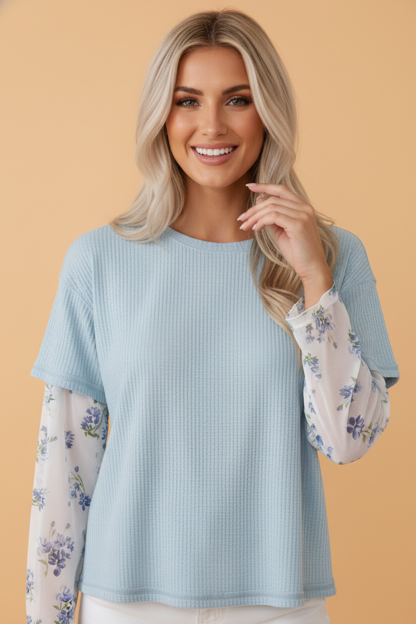 Floral Mesh Patchwork Waffle Fake Two-Piece Top