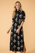Floral Frilled Collar Short Puff Sleeve Maxi Dress