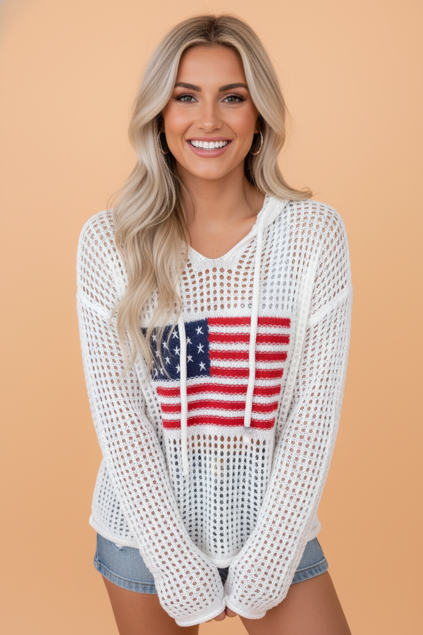 American Flag Patched Crochet Knit Hoodie