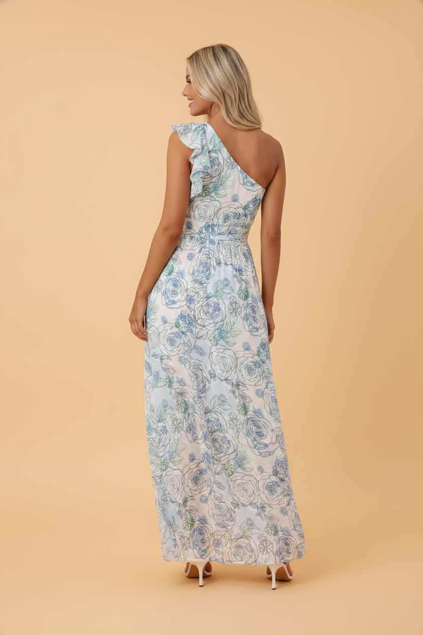 Floral Ruffle One Shoulder Maxi Dress