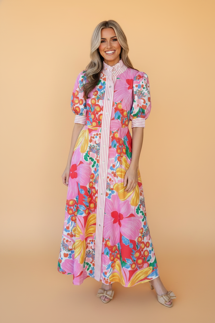 Floral Stripe Trim Puff Sleeve Buttoned Maxi Dress