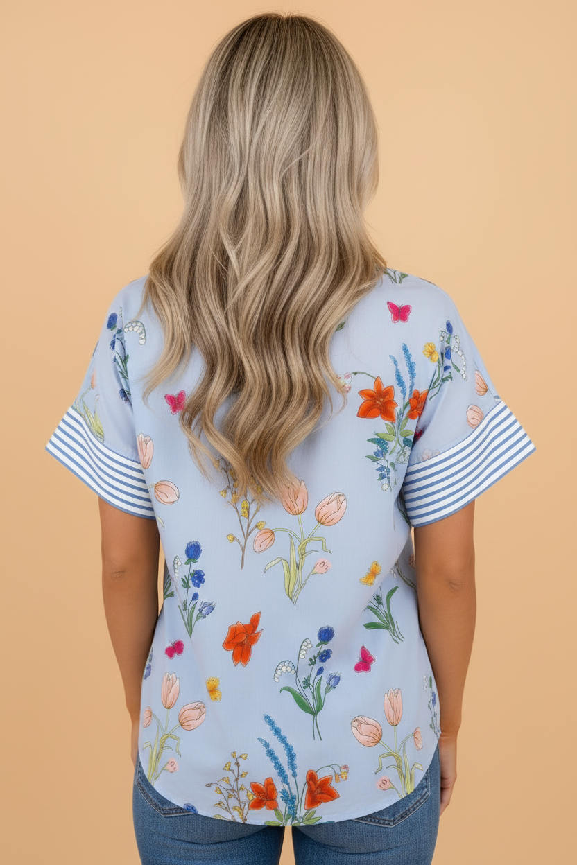 Floral Stripe Patchwork Ruffled Collar Shirt