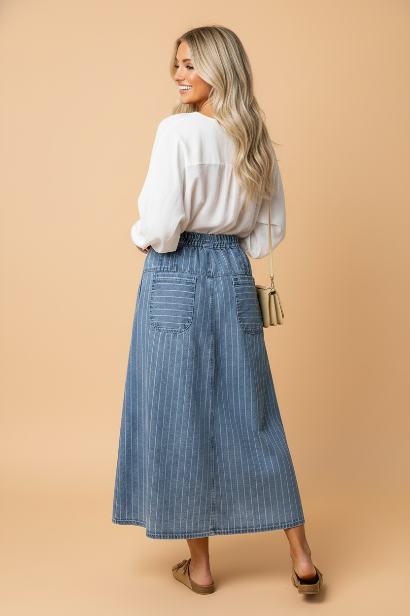 Stripe Denim Button Pleated High Waist Midi Skirt