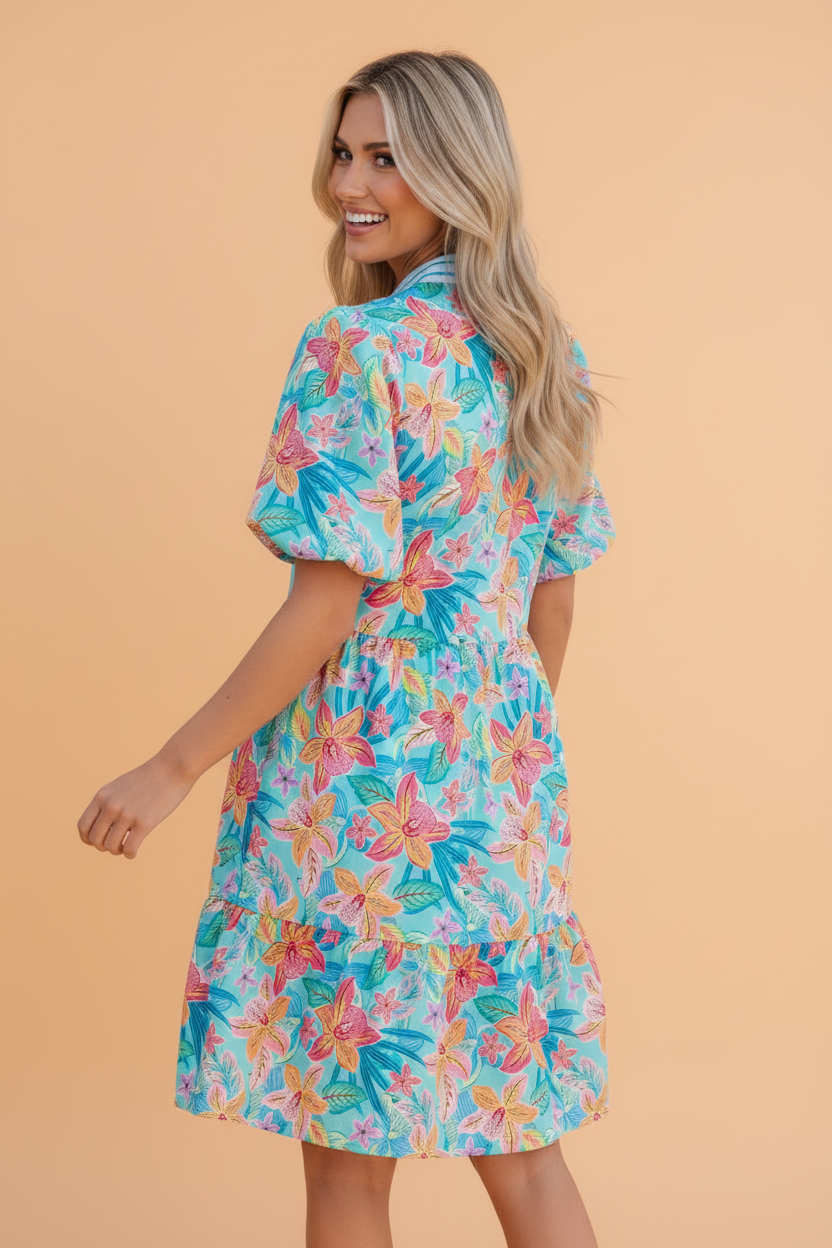 Floral Stripe Scallop Trim V-Neck Tiered Dress