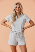Solid Collared V-Neck Tee & Drawstring Shorts Set