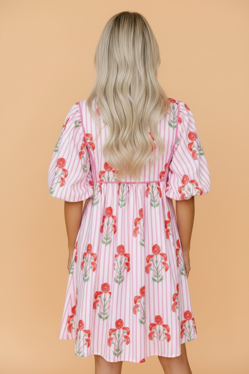Floral Stripe Tie Neck Puff Sleeve Mini Dress