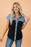 Colorblock Denim Patchwork Waffle Knit Buttoned Shirt