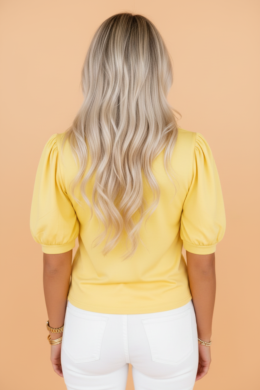 Solid V-Neck Short Puff Sleeve Blouse