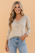 Lace Trim V-Neck Patchwork Long Sleeve Top