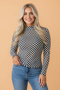 Checker Stand Neck Long Sleeve Mesh Top