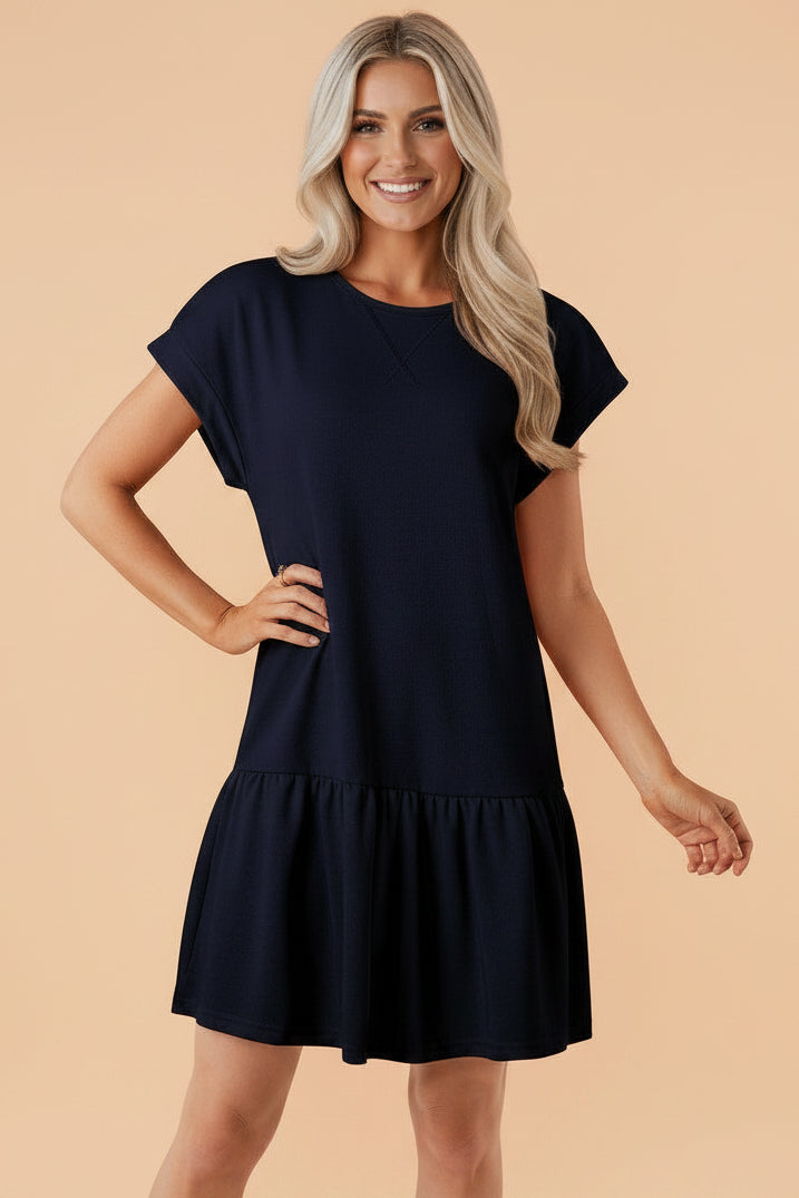 Solid Color Cap Sleeve Ruffle Hem Short Dress