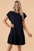 Solid Color Cap Sleeve Ruffle Hem Short Dress