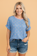Polka Dot Raised Rib Cuffed Short Sleeve Top