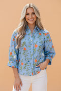 Floral 3/4 Sleeve Button Down Collared Blouse