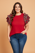 Plus Size Christmas Plaid Pearl Ruffle Sleeve T-shirt