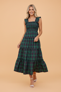 Plaid Ruffle Sleeveless Shirred Tiered Midi Dress