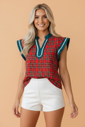 Plaid Scallop Ricrac Trim Short Sleeve V-Neck Blouse
