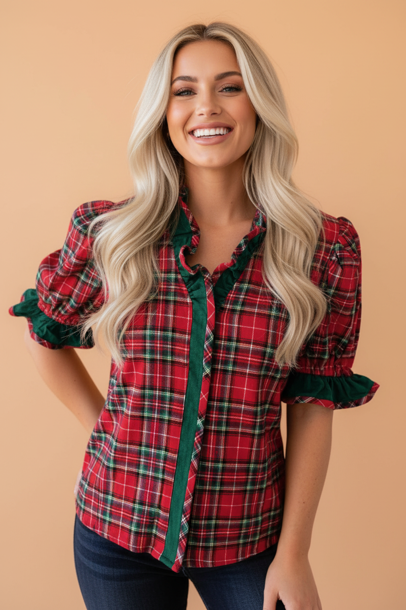 Plaid Ruffle Colorblock V-Neck Puff Sleeve Shirt