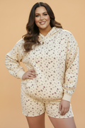 Plus Size Floral Kangaroo Pocket Hoodie Top & Shorts Set