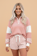 Stripe Colorblock Pullover Top & Drawstring Shorts Set