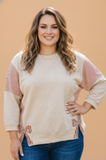 Plus Size Stripe Gingham Bow Patchwork 3/4 Sleeve Top
