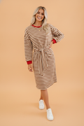 Stripe Colorblock Long Sleeve Tie Waist Dress
