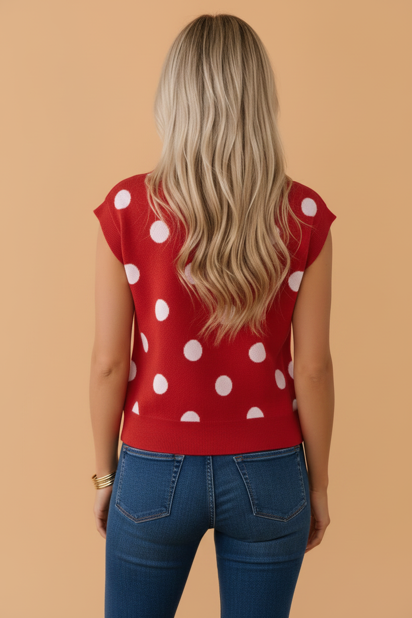 Polka Dot Sleeveless Buttoned Sweater Knit Top