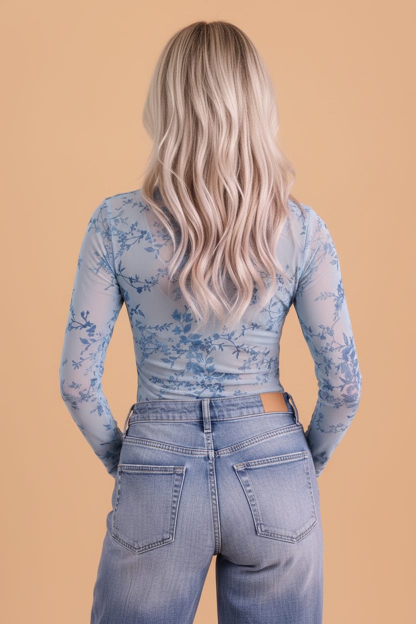 Floral Sheer Mesh Long Sleeve Bodysuit